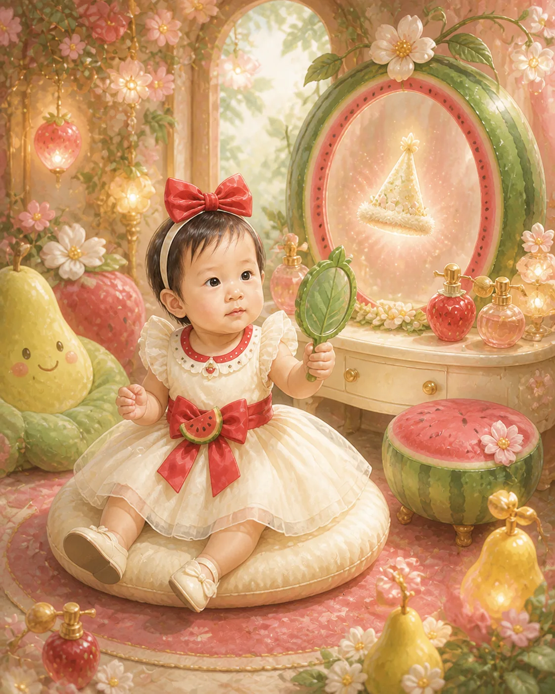 Minh họa Công chúa Dưa Hấu tìm thấy lời nhắn trong gương phép